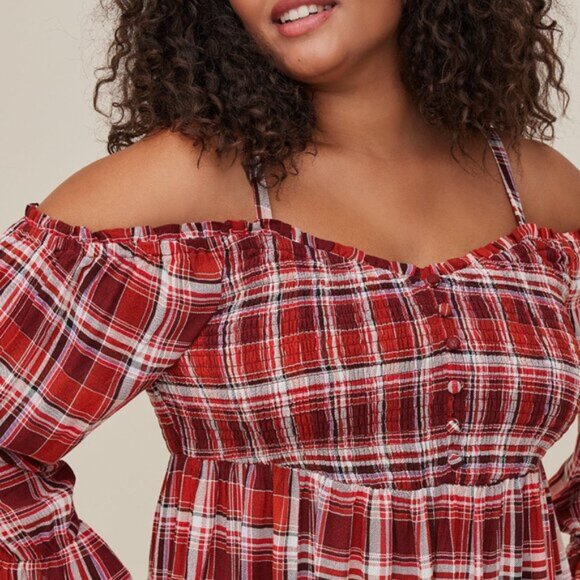 Torrid Cold Shoulder Babydoll Top Crinkle Gauze Smocked Size 3 Red Plaid Fall - Picture 3 of 7